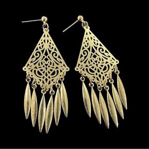 Vintage Gold Filigree Chandelier Dangle Earrings With Leaf Charms